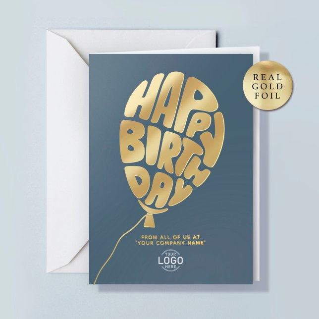 Logo Balloon Dusty Blue Business Foil Birthday Foil Holiday Card (Creator Uploaded)