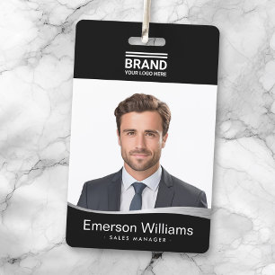 Logo black faux silver wave employee name id ID badge