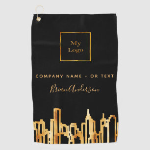 Logo black gold city skyline business real estate golf towel
