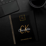 Logo black gold monogram modern 2025 business planner<br><div class="desc">A black background. Personalize and add your business logo,  monogram initials,  name and a title.  Golden and white letters. Your company logo both on front and on the back.</div>
