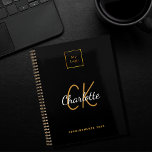 Logo black gold monogram modern 2026 business planner<br><div class="desc">A black background. Personalize and add your business logo,  monogram initials,  name and a title.  Golden and white letters. Your company logo both on front and on the back.</div>