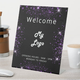 Logo black purple glitter welcome business pedestal sign