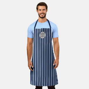 Logo Blue White Simple Elegant Stripes Pattern Apron