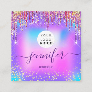 Logo Boutique Shop Glitter Drips Holograph Pink Square Business Card
