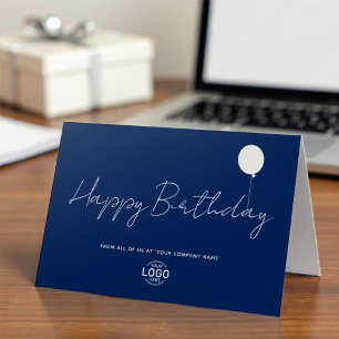 Logo Business Elegant Blue White Balloon Birthday Card