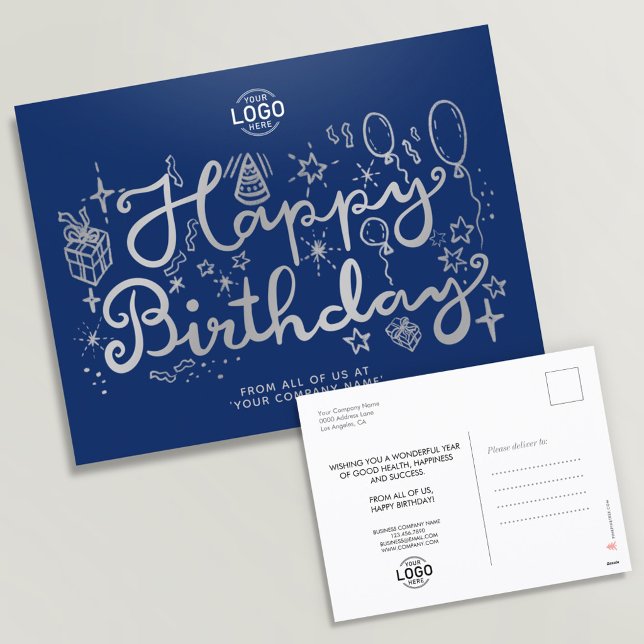 Logo Business Fun Silver Blue Birthday Postcard (Creator Uploaded)