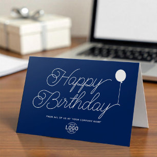 Logo Business Simple Blue White Balloon Birthday Card