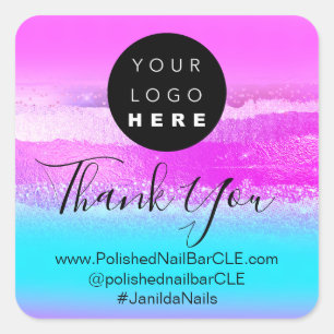 Logo Company Name Pink STripes Thank You Square Sticker
