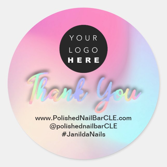 Logo Company Name Thank You Holograph Script  Classic Round Sticker (Front)