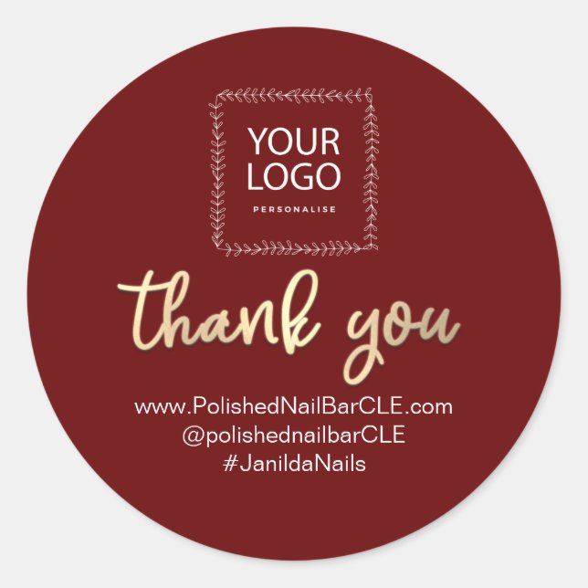 Logo Company Name Thank You Shopping Gold Burgundy Classic Round Sticker (Front)
