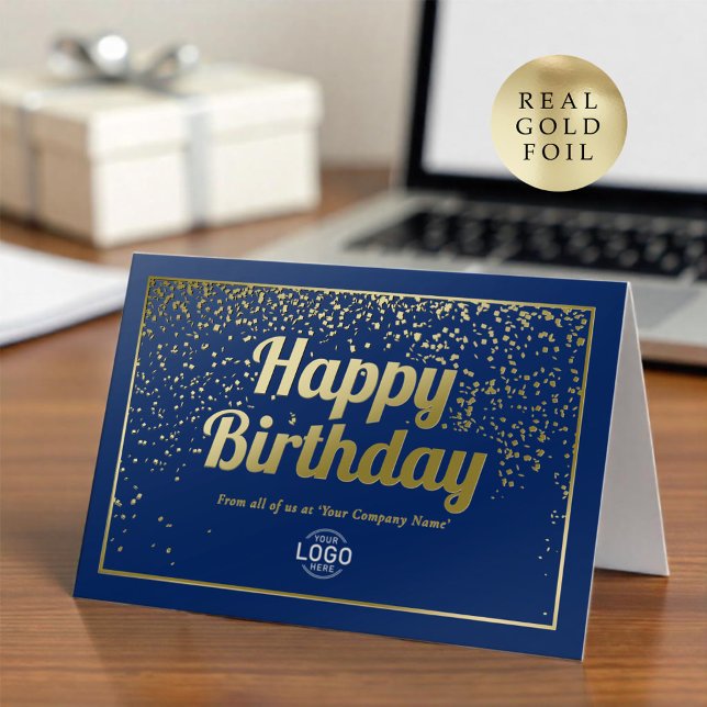 Logo Corporate Elegant Blue Gold Happy Birthday Foil Greeting Card (Creator Uploaded)