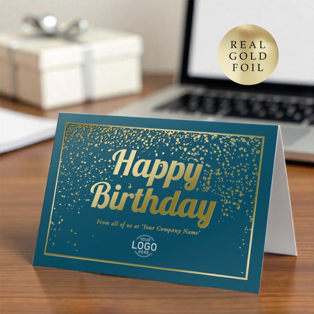 Logo Corporate Elegant Teal Gold Happy Birthday Foil Greeting Card (Creator Uploaded)