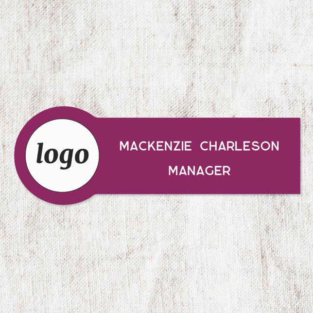 Logo Employee Staff Magenta Pink Business Name Tag (Simple logo with custom text business branding employee staff name label in dark magenta cherry pink)