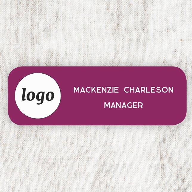 Logo Employee Staff Magenta Pink Business Name Tag (Simple logo with custom text business branding employee staff name label in dark magenta cherry pink)