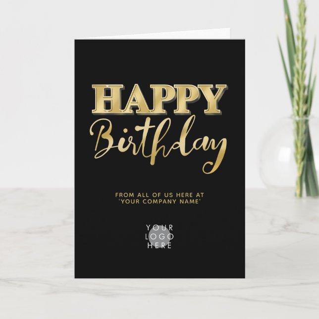 Logo Faux Gold Lettering Business Birthday Black Card (Front)