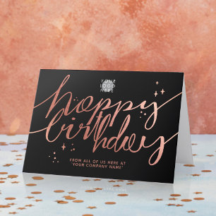 Logo Faux Rose Gold Hand Script Birthday Black Card
