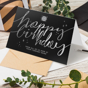 Logo Faux Silver Hand Script Birthday Black Card