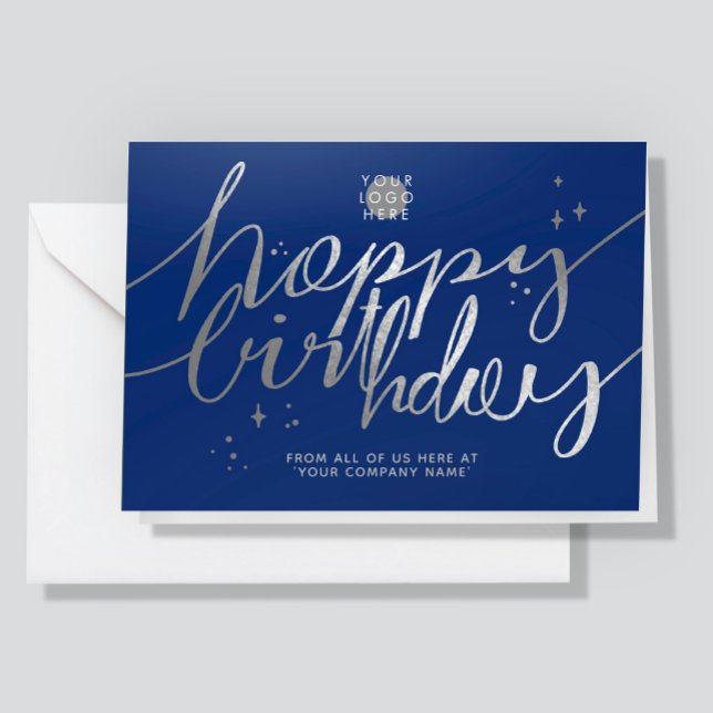 Logo Faux Silver Hand Script Navy Blue Birthday Card (Creator Uploaded)