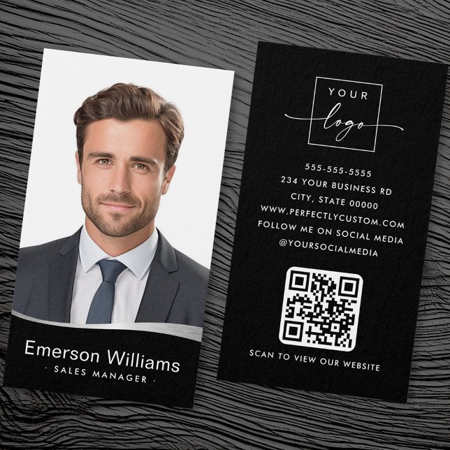 Logo faux silver wave photo QR black business card (Logo faux silver wave photo QR black business card)