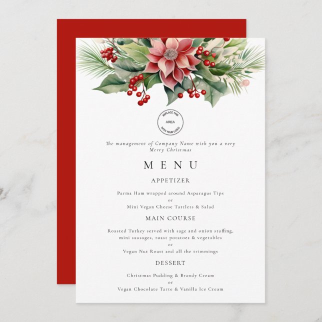 Logo Florals Business Christmas Party Menu Card (Front/Back)