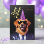 Logo Fun Funny Golden Retriever Party Birthday Card<br><div class="desc">Make business birthday wishes extra fun with this humourous and stylish corporate birthday card template, featuring a smiling golden retriever dressed for the occasion! Wearing a purple glittery party hat, dark blue glittery suit, and trendy sunglasses, this dapper pup brings joy and laughter to every recipient. Set against a sleek...</div>