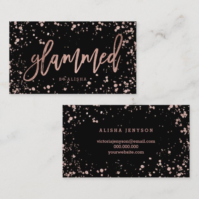 Logo glammed script rose gold confetti splatters business card (Front/Back)