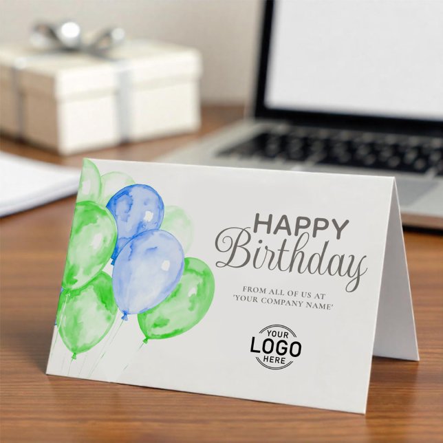 Logo Green Blue Balloons Corporate Happy Birthday Card (Creator Uploaded)