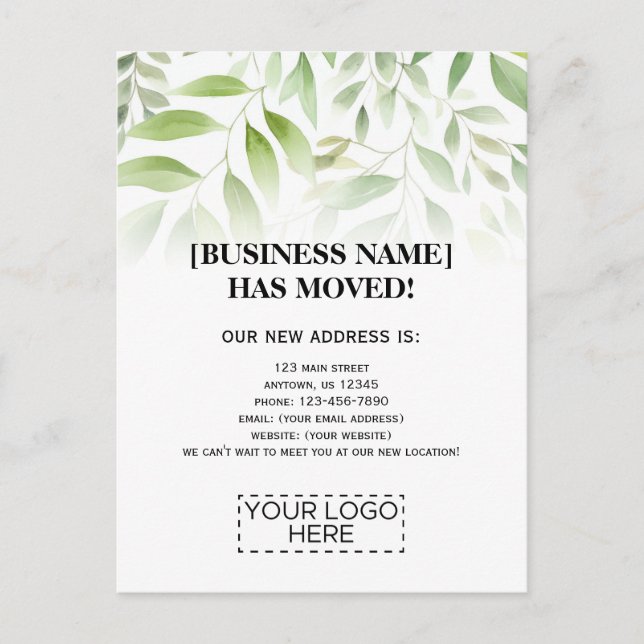 Logo Greenery Business Moving Announcement Postcard (Front)