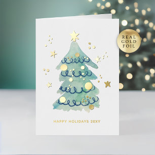 Logo Hand Painted Simple Christmas Tree Business Foil Holiday Card