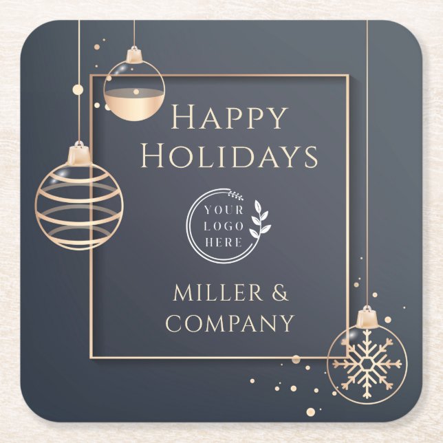 Logo Happy Holidays Christmas Corporate Modern Square Paper Coaster (Front)