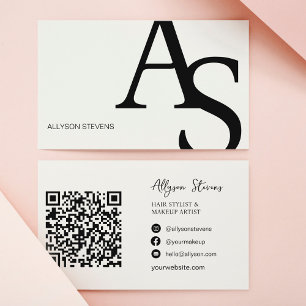 Logo initials Black white bold makeup qr code Business Card