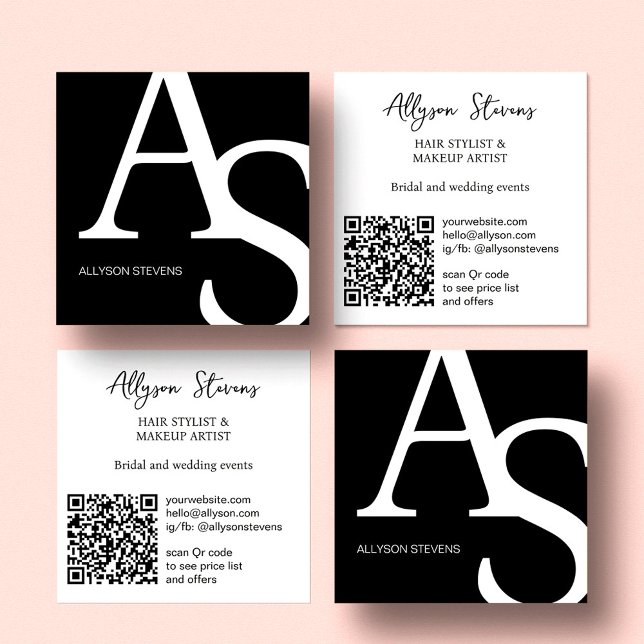 Logo initials Black white bold makeup qr code Square Business Card (Creator Uploaded)