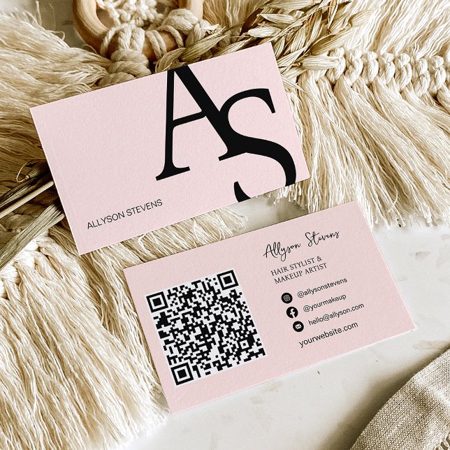 Logo initials pink blush bold makeup qr code business card (Creator Uploaded)