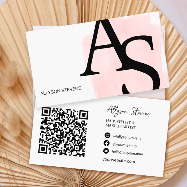 Logo initials pink brush bold makeup qr code business card (Creator Uploaded)
