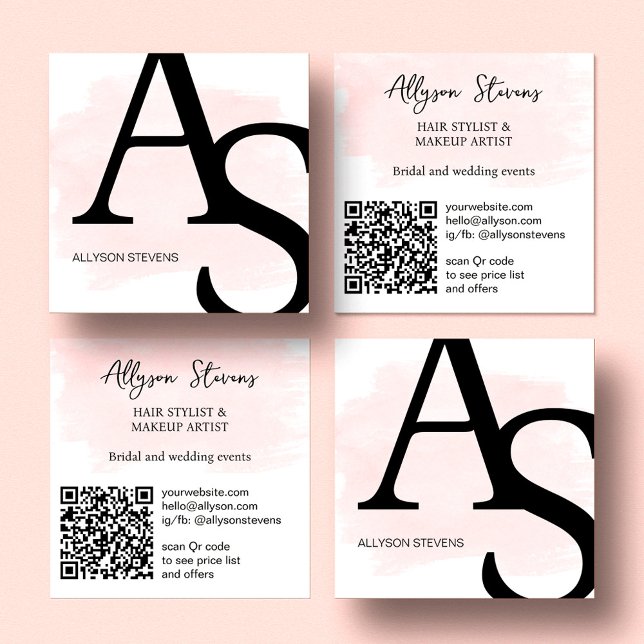 Logo initials pink brush bold makeup qr code  square business card (Creator Uploaded)