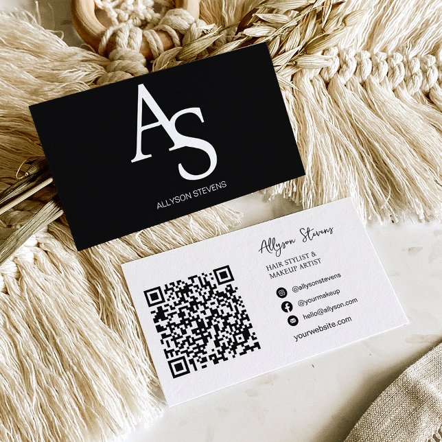 Logo initials white black hair makeup qr code business card (Creator Uploaded)