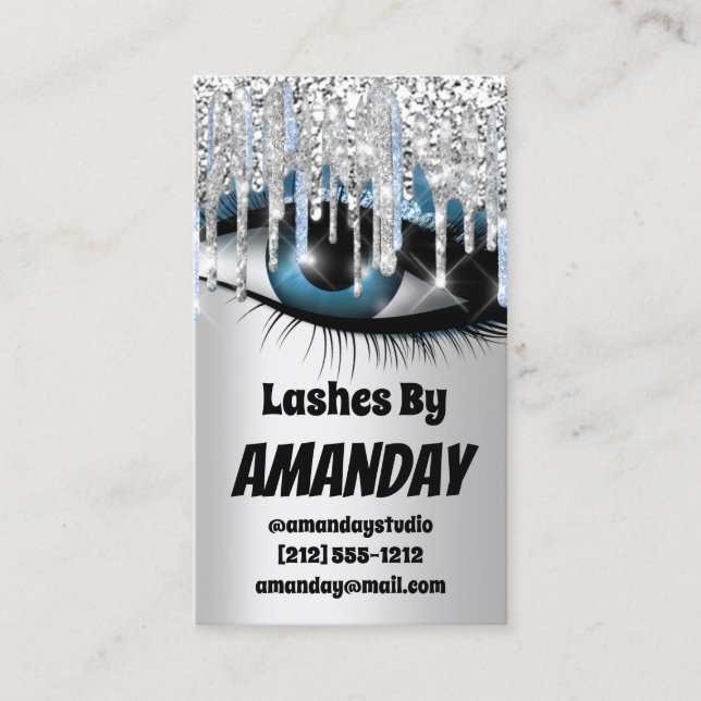 Logo Lashes Makeup Artist Drips Blue QR Code Business Card (Front)