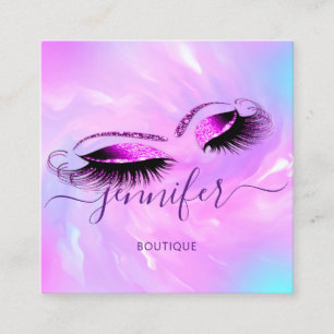 Logo Makeup Lashes Extension Studio Holograph Pink Square Business Card