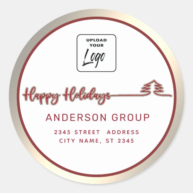Logo Minimalist  gold red script Happy Holidays Classic Round Sticker (Front)