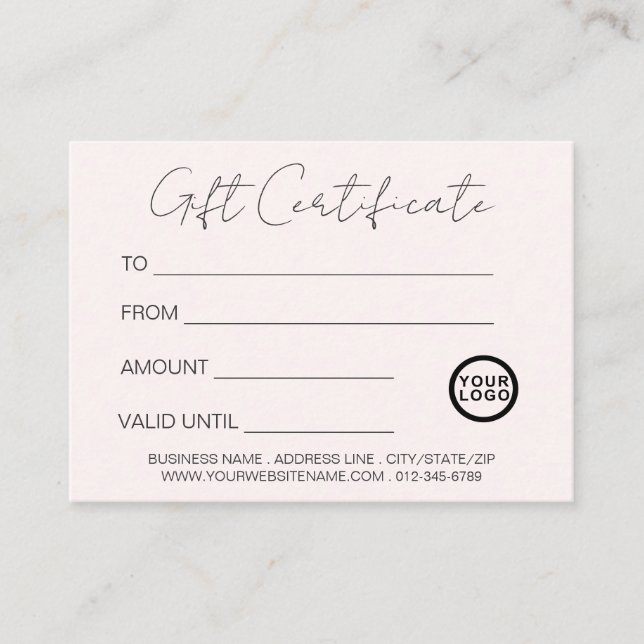 Logo Modern Elegant Blush Pink Gift Certificate (Front)
