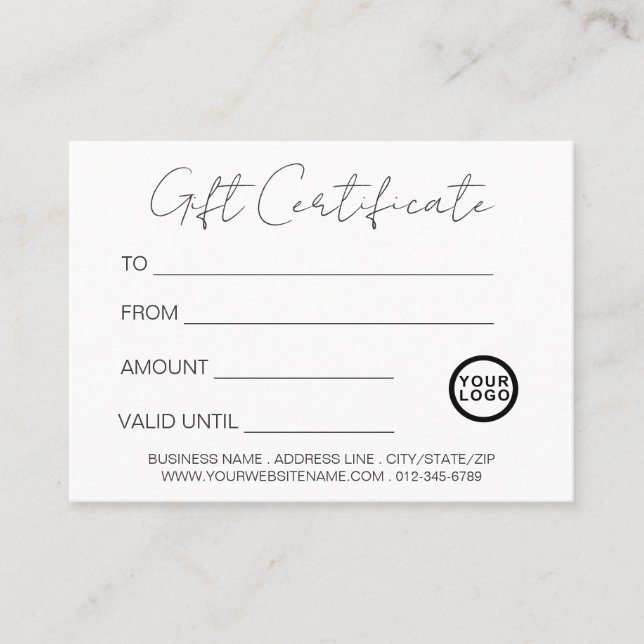 Logo Modern Elegant White Gift Certificate (Front)