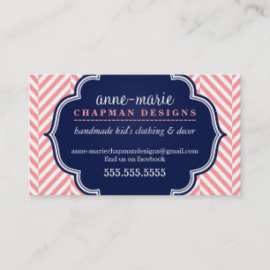 LOGO modern herringbone pattern coral badge navy Business Card