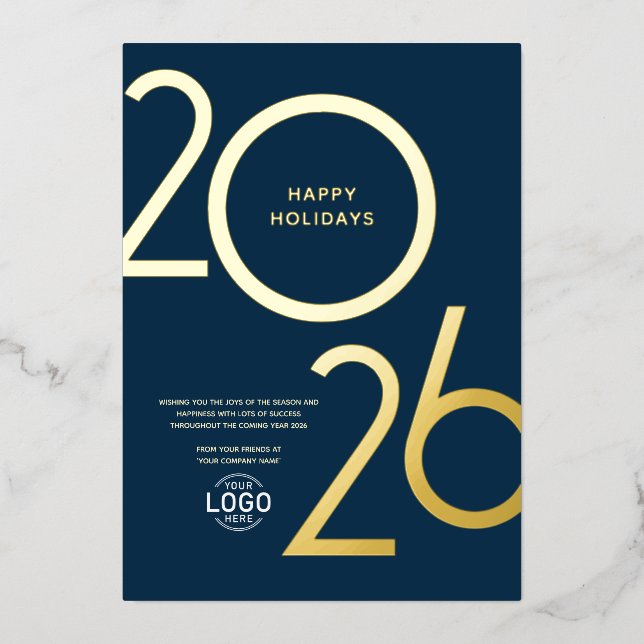 Logo Modern Navy Blue Business Holiday Gold Card (Front)