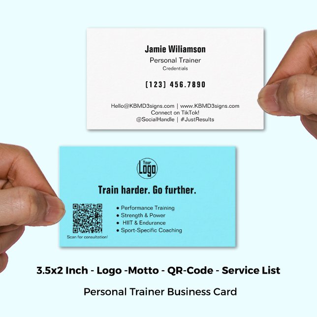Logo Motto Services Electric Blue Personal Trainer Business Card (3.5x2 Inch, Logo Motto Services Electric Blue Personal Trainer Business Card)
