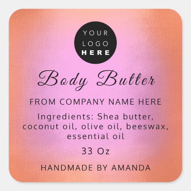 Logo Name Body Butter Cosmetic Soap Orange Pink Square Sticker (Front)
