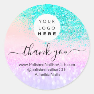Logo Name Thank You Business Confetti Glitter Mint Classic Round Sticker