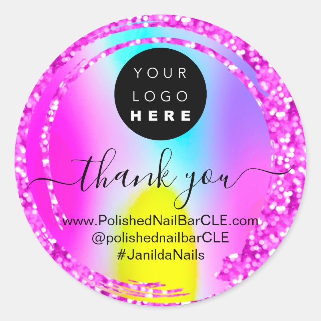 Logo Name Thank You Business Glitter Modern Yellow Classic Round Sticker (Front)