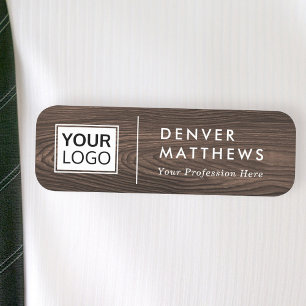 Logo name title white divider dark brown wood name tag