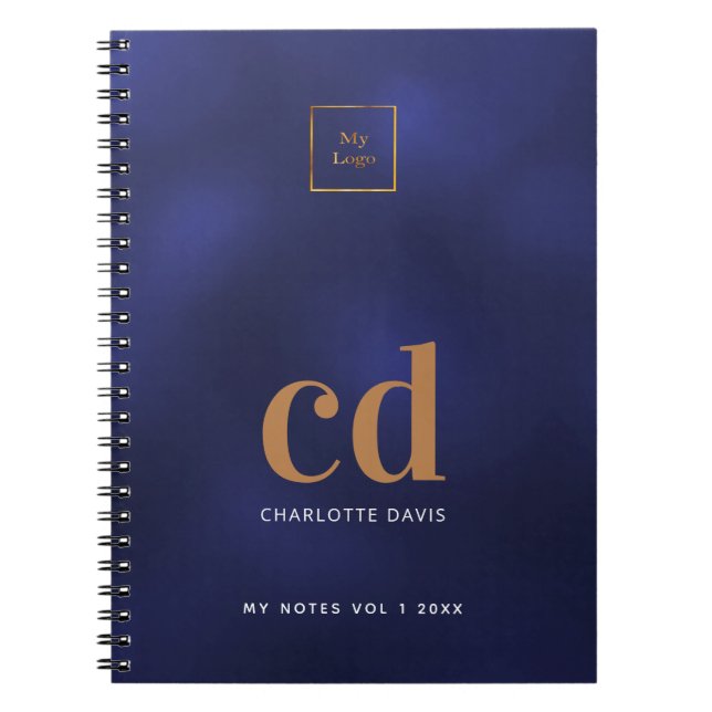 Logo navy blue gold monogram initial business note notebook (Front)