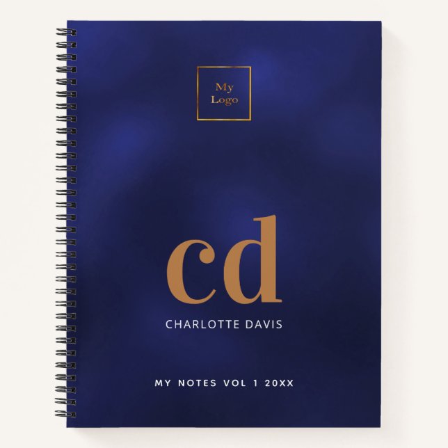 Logo navy blue gold monogram initial business notebook (Front)